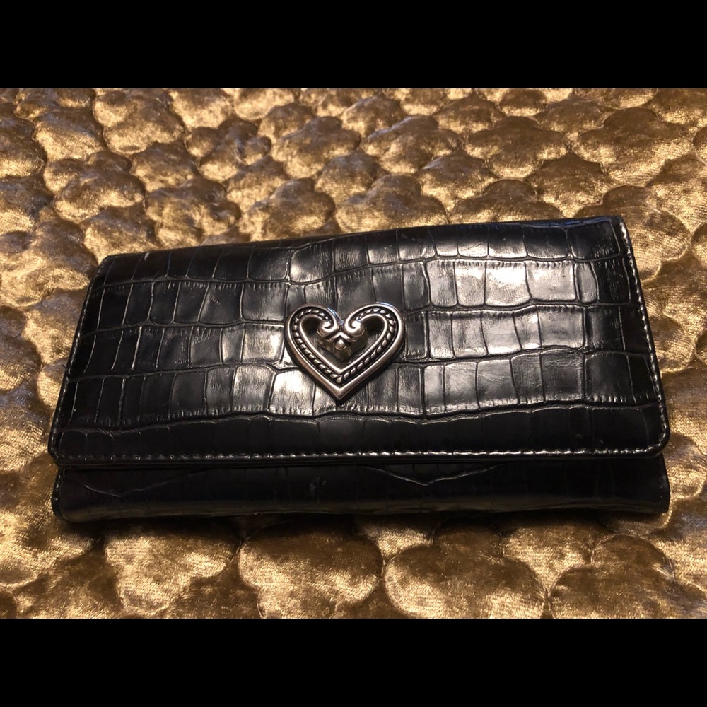 Black tri-fold wallet with metal heart ornament faux leather